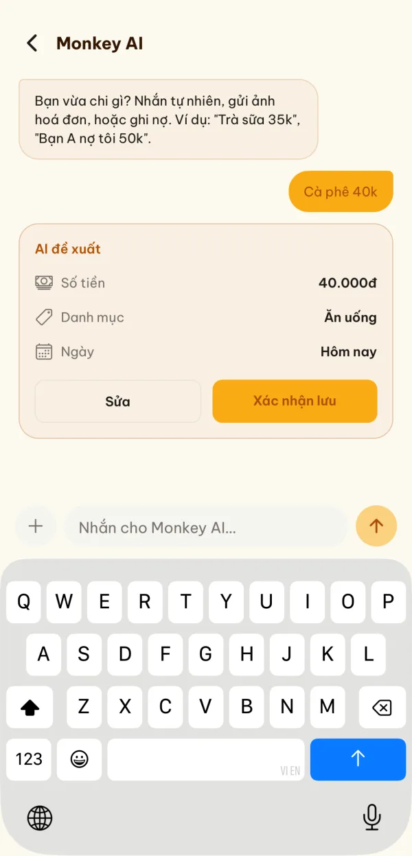 Hey Monkey AI chat turning “Cà phê 40k” into a draft expense to confirm