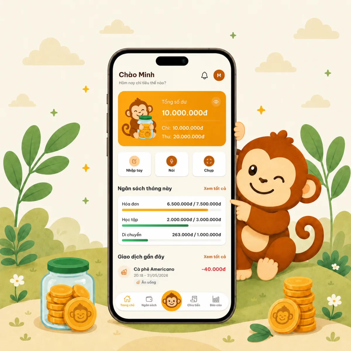 Hey Monkey home screen on an iPhone, with the monkey mascot peeking out beside it
