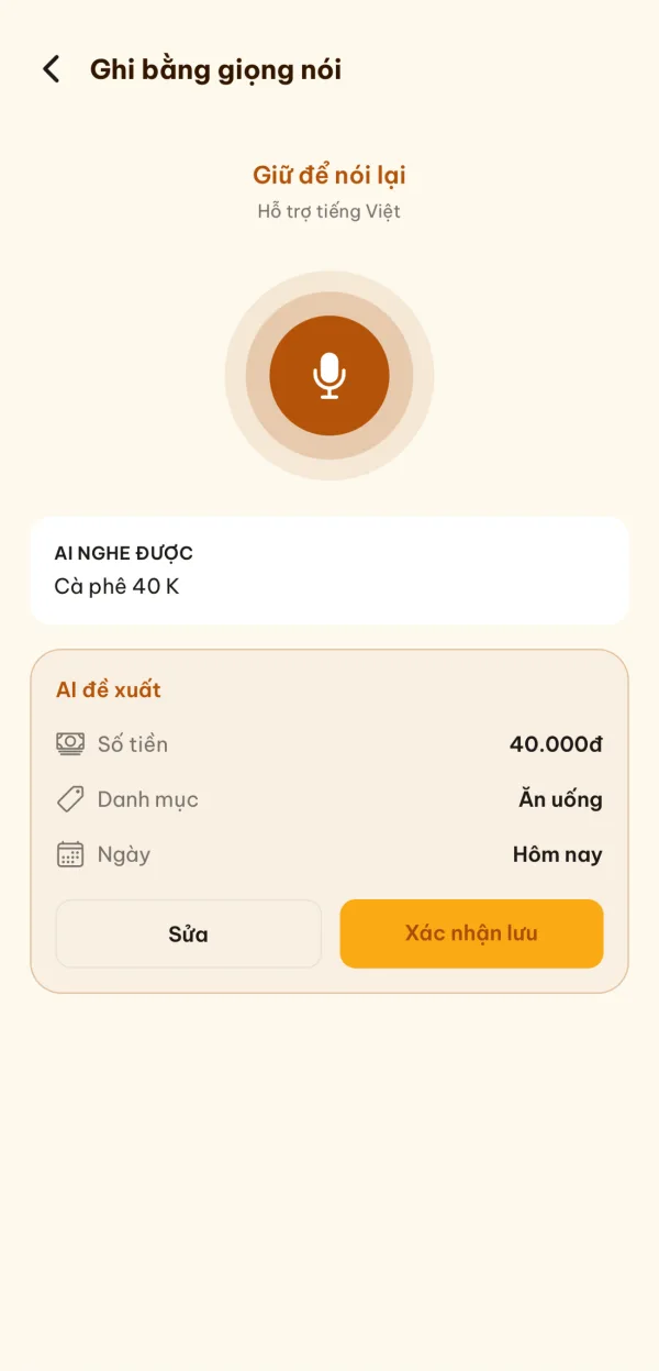 Hey Monkey voice logging: the spoken “Cà phê 40K” becomes a draft expense
